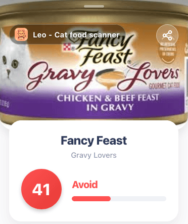 Scanner result showing Fancy Feast Gravy Lovers wet cat food with carrageenan and additives flagged