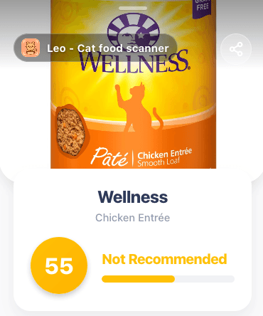 Scanner result analyzing Wellness Complete Health Chicken Entrée wet cat food