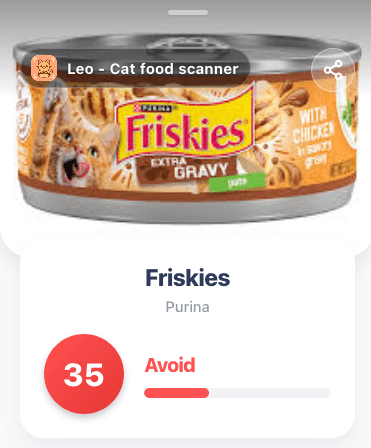 Scanner result showing Friskies Extra Gravy wet cat food with additives and thickening agents flagged