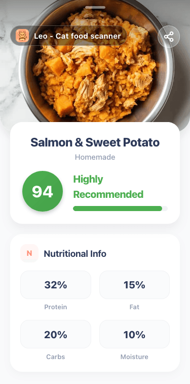 Ingredient scan showing a homemade salmon and sweet potato cat food recipe