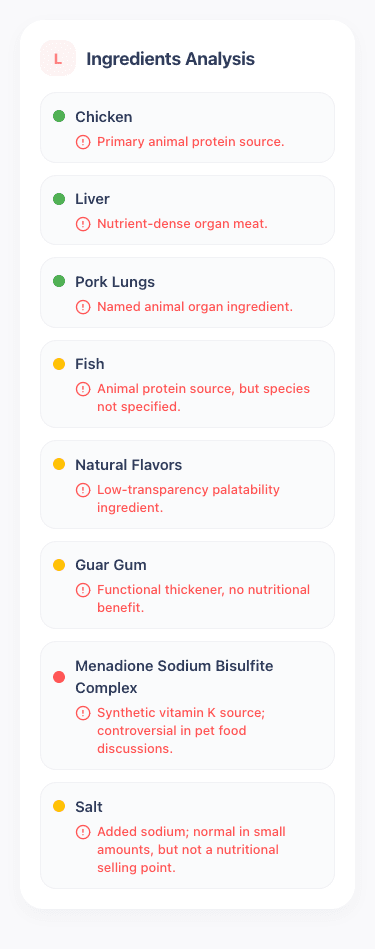 cat food scanner Leo ingredient analysis showing guar gum and other ingredients in Purina ONE Grain Free Chicken Wet Cat Food.