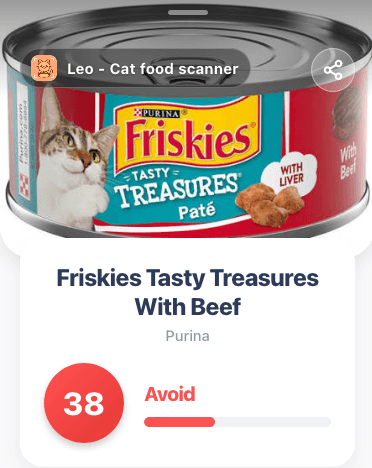 cat food scanner Leo scan of Friskies Tasty Treasures With Beef wet cat food showing a score of 38 out of 100.
