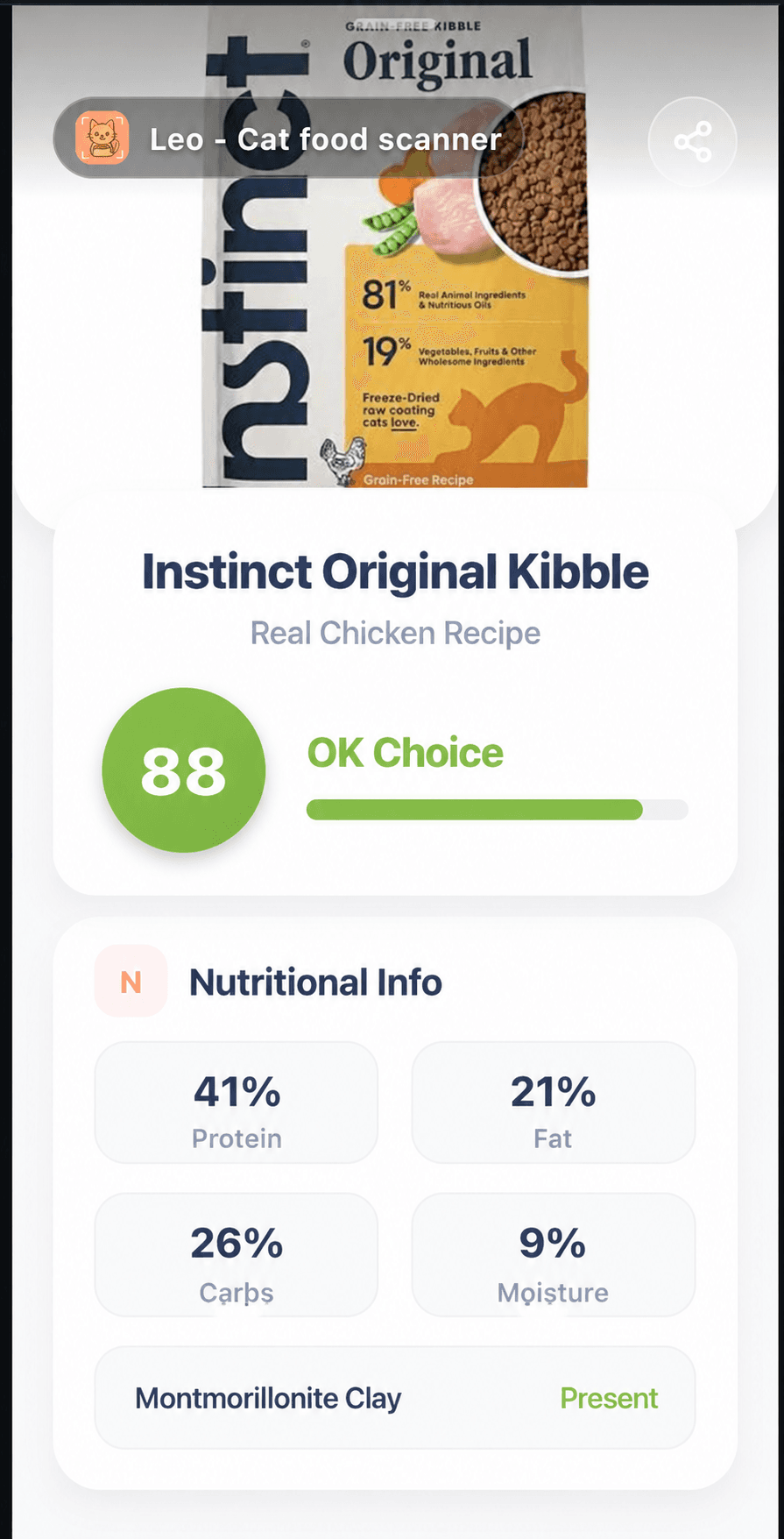 Leo Cat Food Scanner showing montmorillonite clay in Instinct Original Kibble Real Chicken Recipe