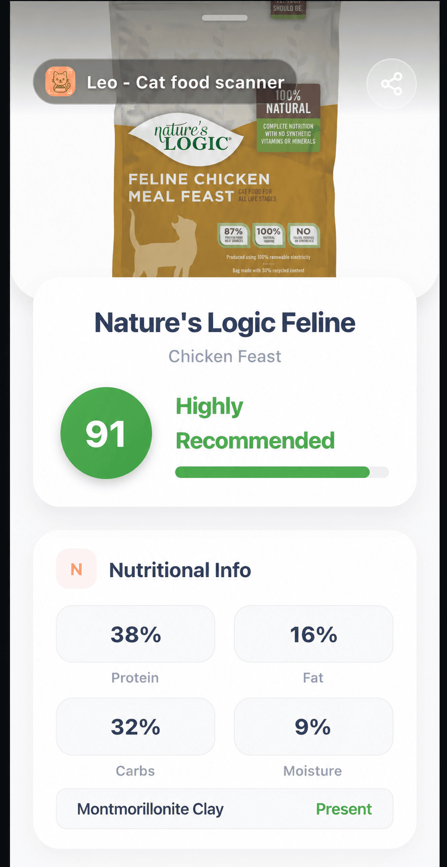 Leo Cat Food Scanner showing montmorillonite clay in Nature's Logic Feline Chicken Meal Feast