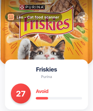 Friskies cat food rated 27 out of 100 in ingredient quality scan