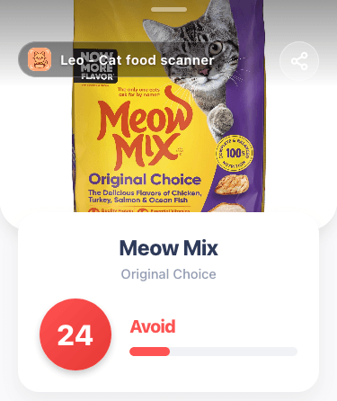 Meow Mix Original Choice cat food rated 24 out of 100 in ingredient quality scan