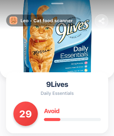 9Lives Daily Essentials cat food rated 29 out of 100 in ingredient quality scan