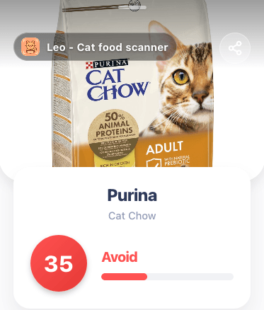 Purina Cat Chow cat food rated 35 out of 100 in ingredient quality scan