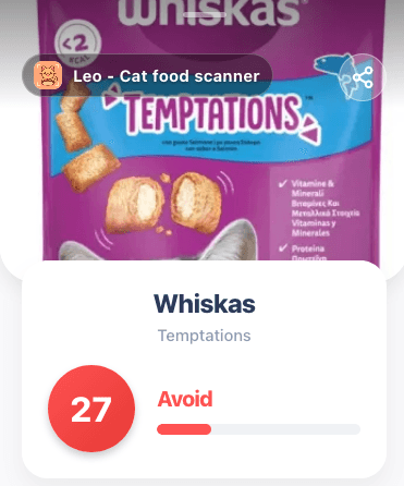 Whiskas Temptations cat food rated 27 out of 100 in ingredient quality scan