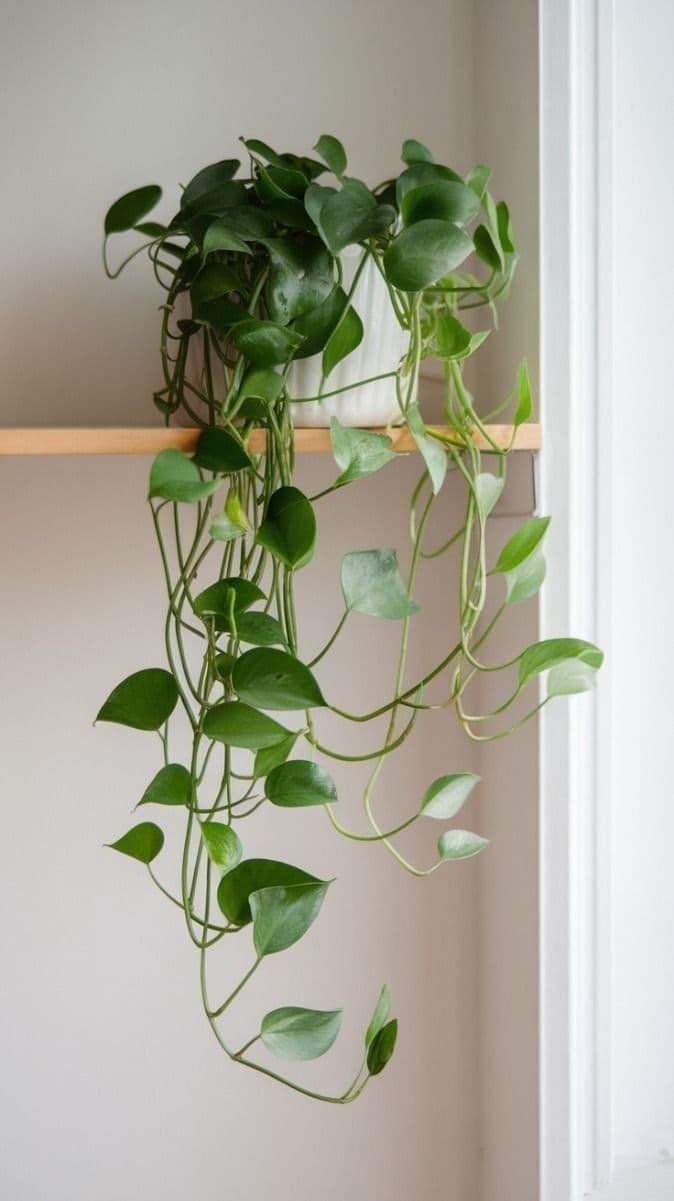 Indoor pothos plant with trailing vines that can be toxic to cats