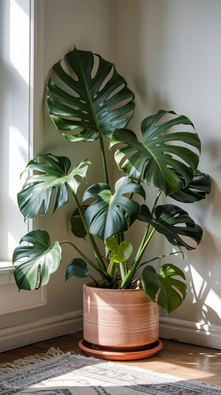 Large monstera houseplant that can irritate a cat’s mouth and stomach if chewed
