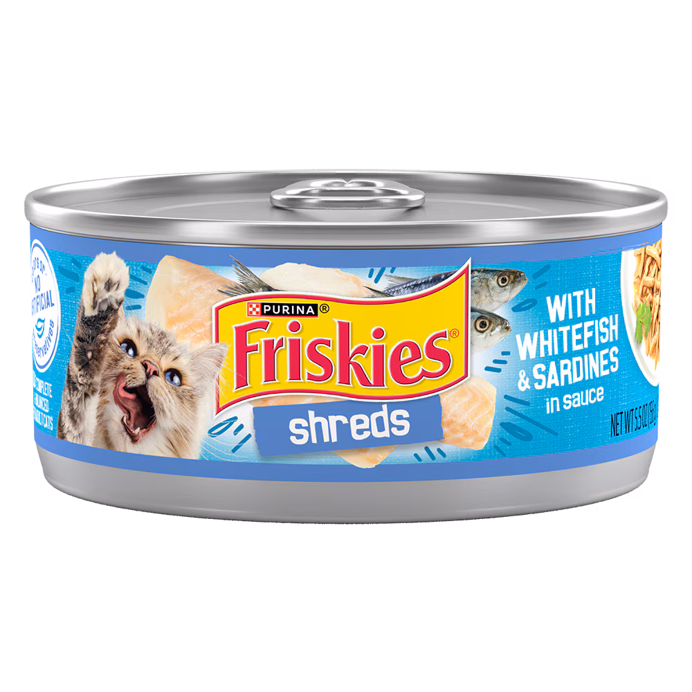 Friskies wet cat food with whitefish and sardines in sauce
