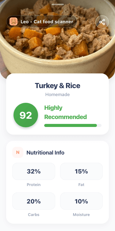 Ingredient scan showing a homemade turkey and rice cat food recipe