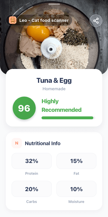 Ingredient scan showing a homemade tuna and egg cat food recipe