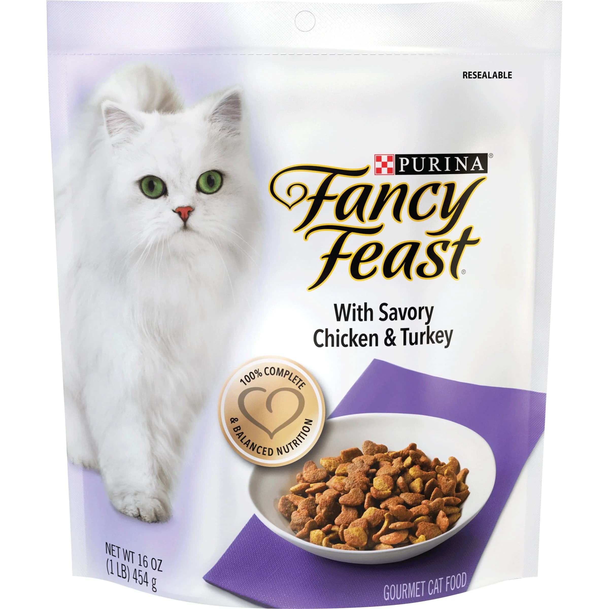 Bag of Fancy Feast dry cat food with savory chicken and turkey