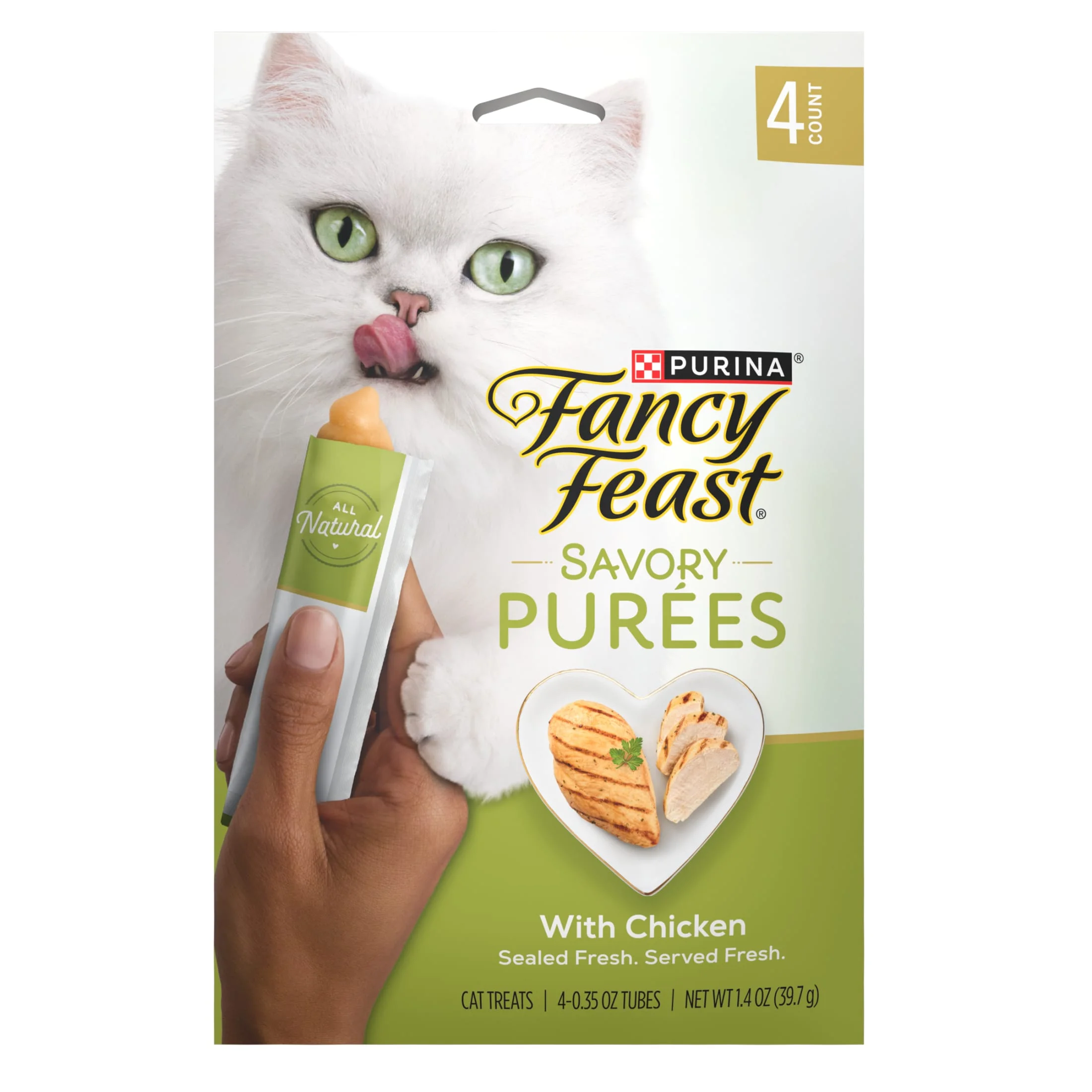 Package of Fancy Feast Savory Purees With Chicken squeezable cat treats
