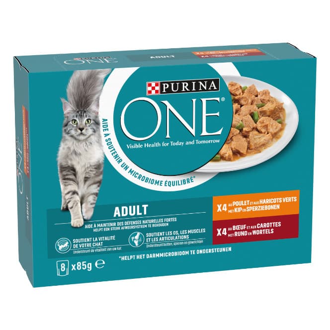 Purina ONE Adult wet cat food with chicken and beef recipes