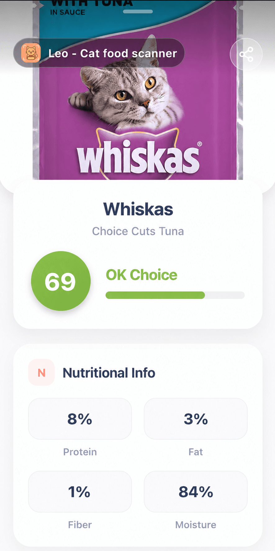 Leo scan of Whiskas Choice Cuts Tuna showing 8% protein, 3% fat, 1% fiber and 84% moisture.