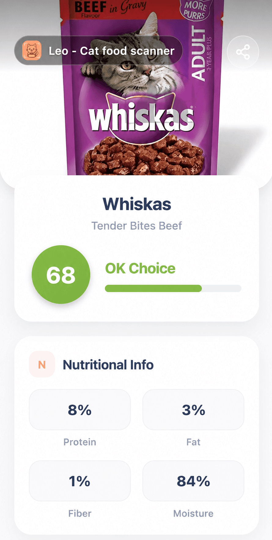 Leo scan of Whiskas Tender Bites Beef showing 8% protein, 3% fat, 1% fiber and 84% moisture.