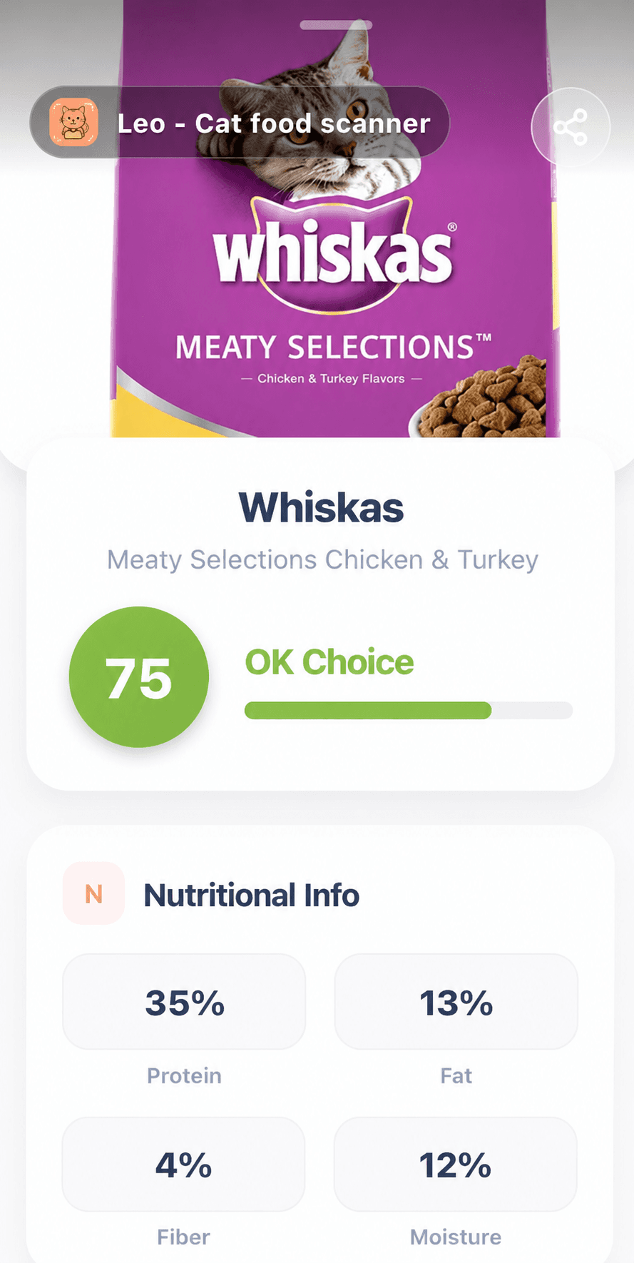 Leo scan of Whiskas Meaty Selections Chicken & Turkey dry cat food showing 35% protein, 13% fat, 4% fiber and 12% moisture.