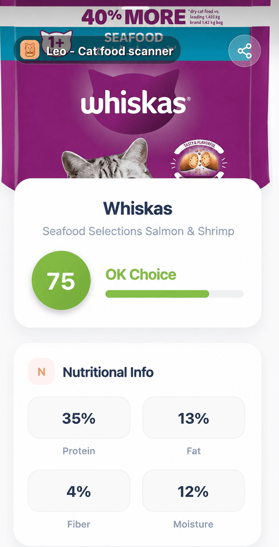 Leo scan of Whiskas Seafood Selections Salmon & Shrimp dry cat food showing 35% protein, 13% fat, 4% fiber and 12% moisture.